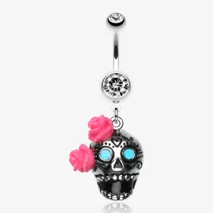 Bright Sugar Skull Rose Belly Ring