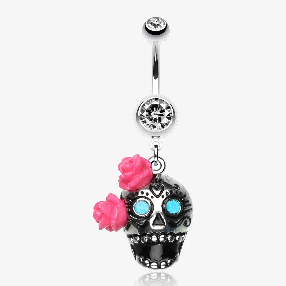 Bright Sugar Skull Rose Belly Ring