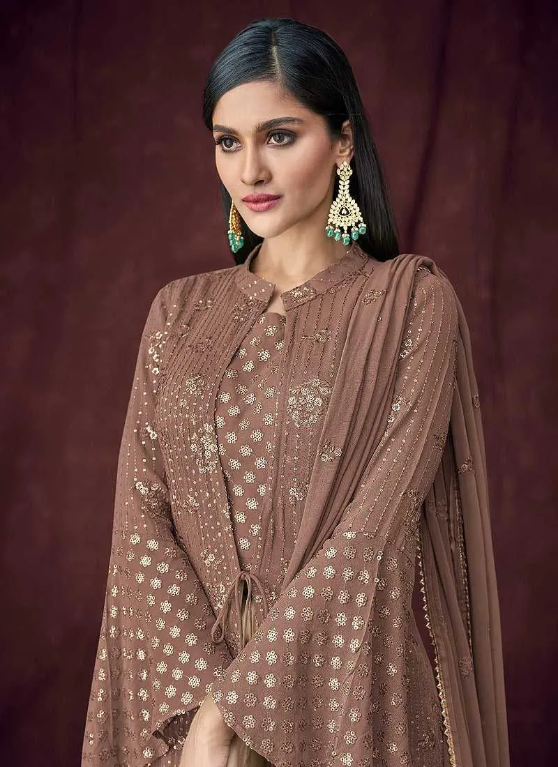 Brown Heavy Embroidered Designer Jacket Style Lehenga