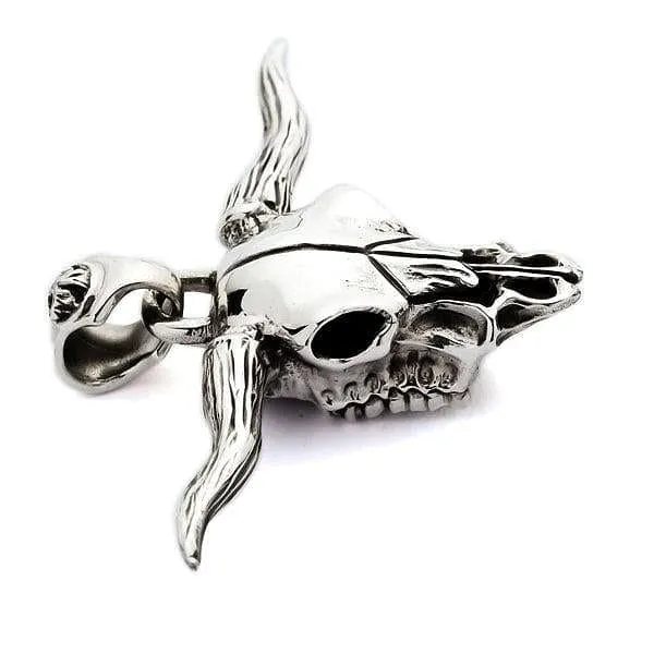 Buffalo Bull Skull Head Sterling Silver Biker Pendant