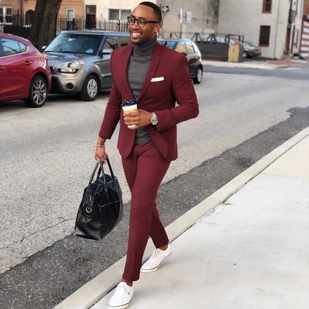 Burgundy One Button Men's Suit Slim Fit Formal Business Suit