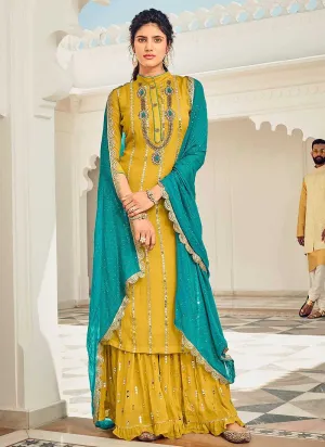 Butter Yellow and Blue Embroidered Sharara Style Suit