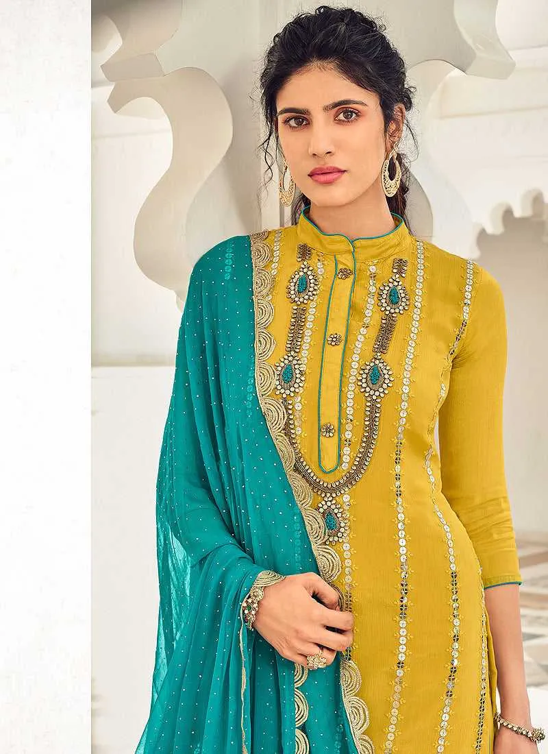 Butter Yellow and Blue Embroidered Sharara Style Suit