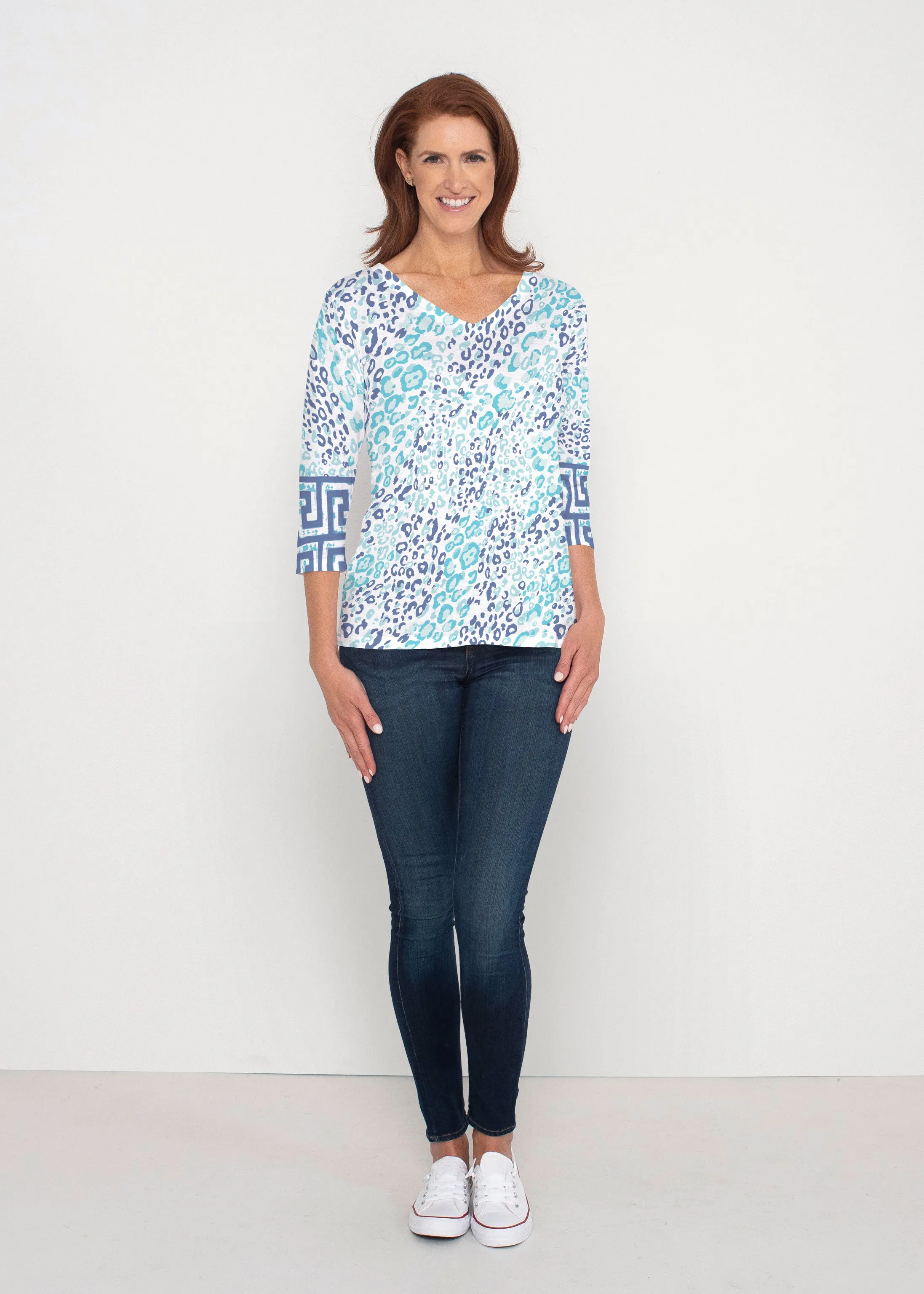 Cat Blue (7755) ~ Signature 3/4 Sleeve V-Neck Top