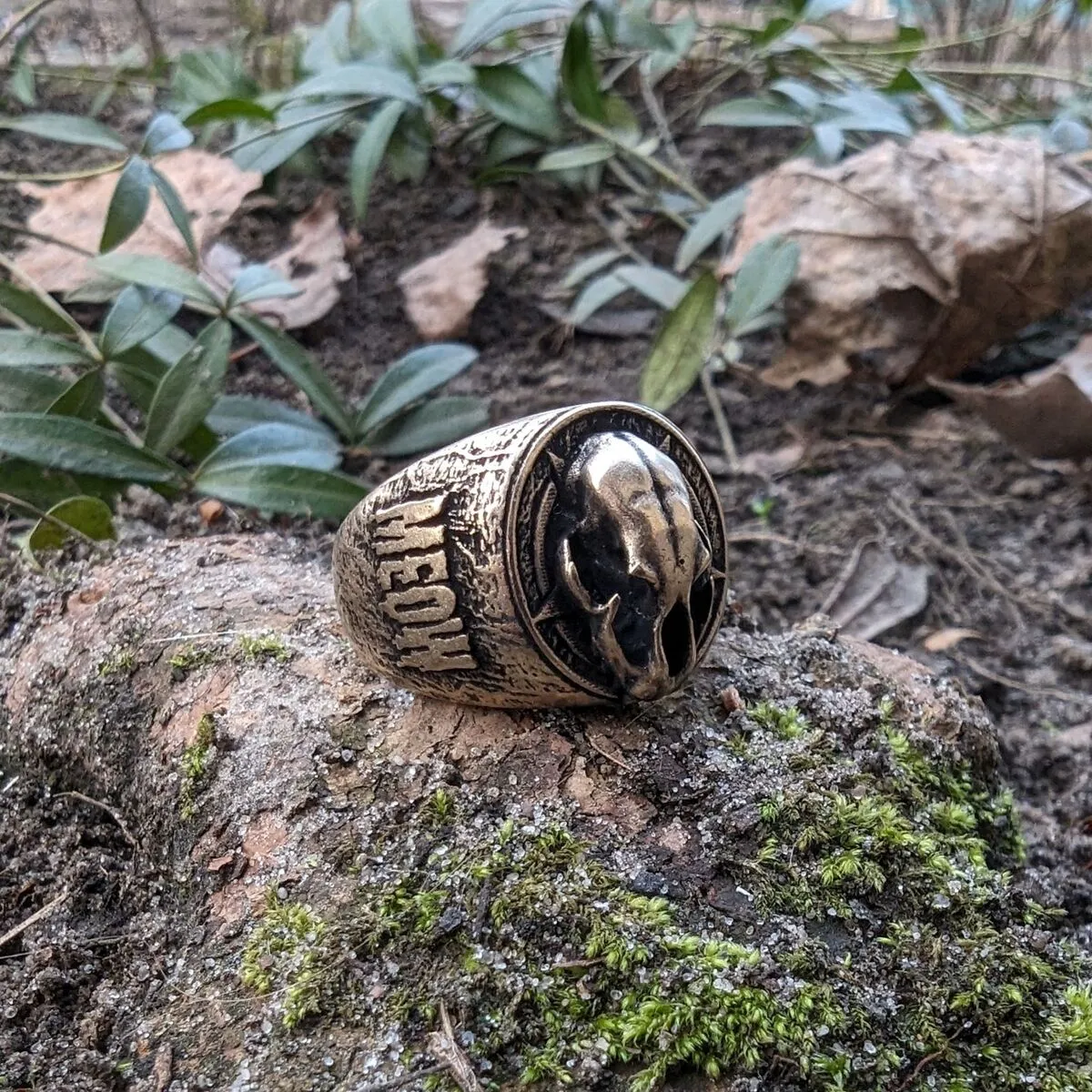 Cat skull signet bronze ring
