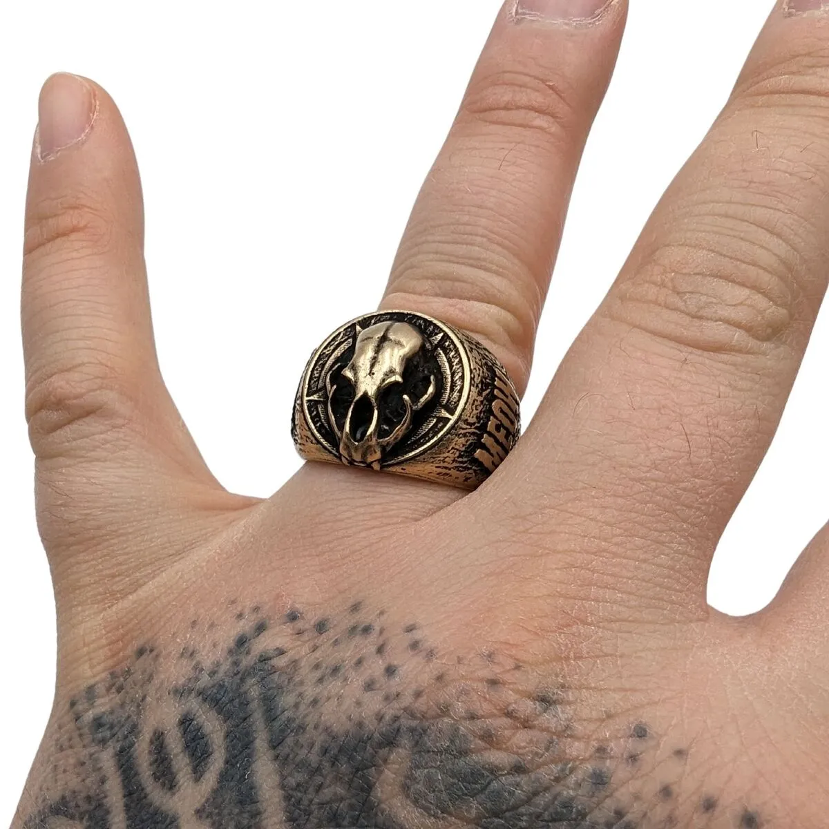 Cat skull signet bronze ring