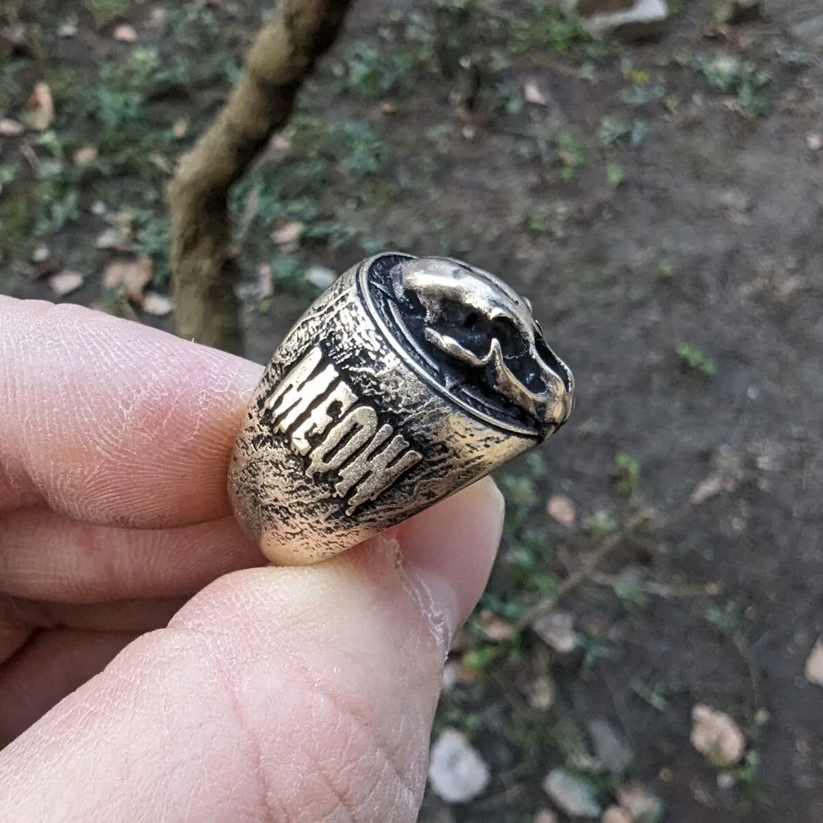Cat skull signet bronze ring
