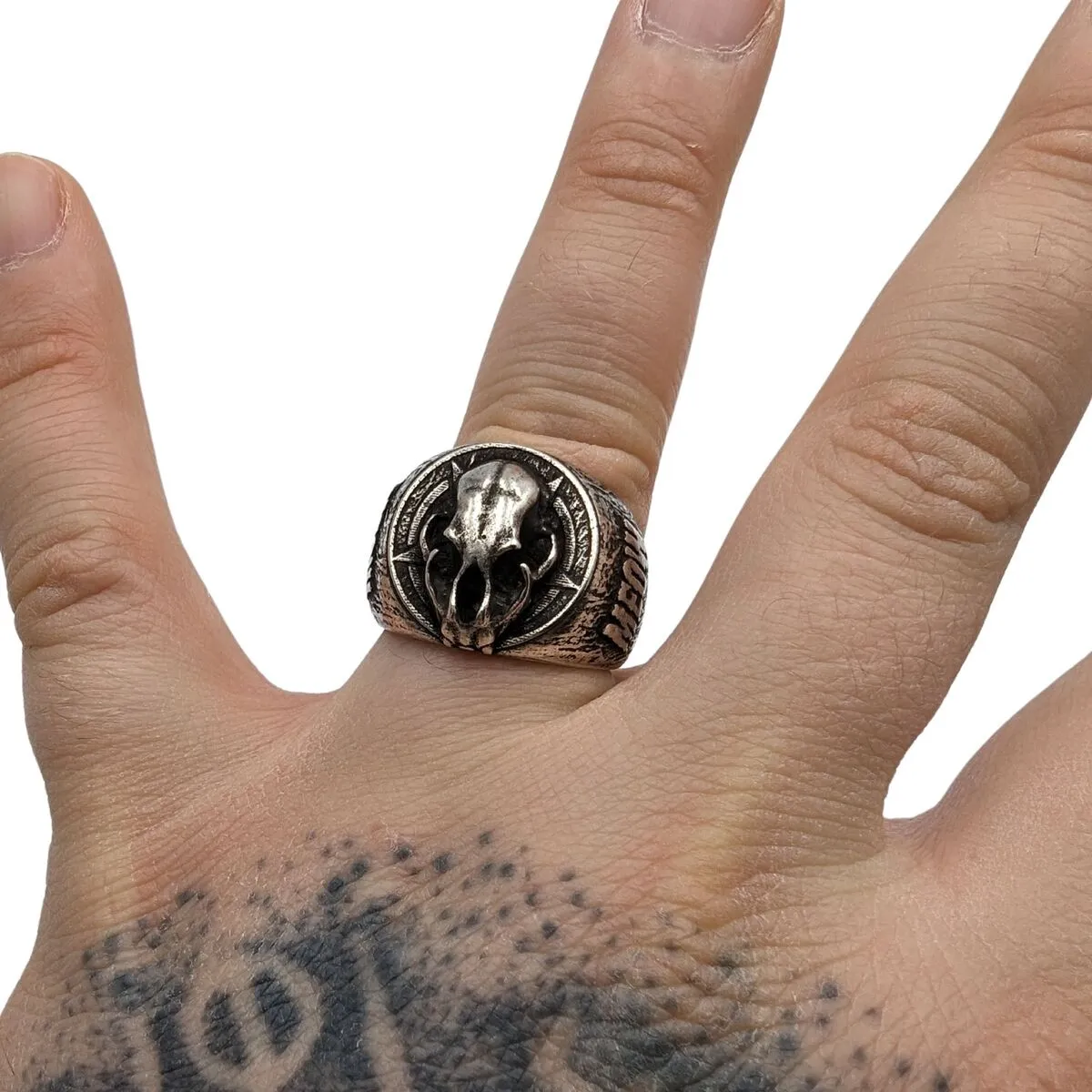 Cat skull signet bronze ring