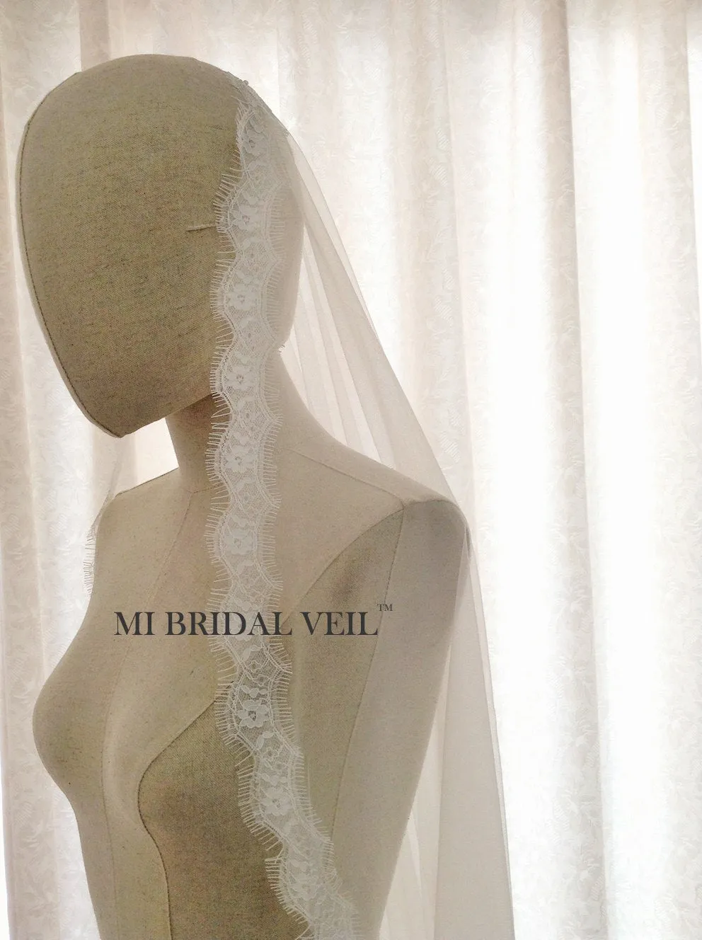 Cathedral Wedding Veil, Small Eyelash Chantilly Boho Lace Veil, Mi Bridal