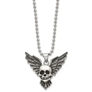 Chisel Stainless Steel Antiqued and Polished Skull with Wings Pendant on a 22 inch Ball Chain Necklace