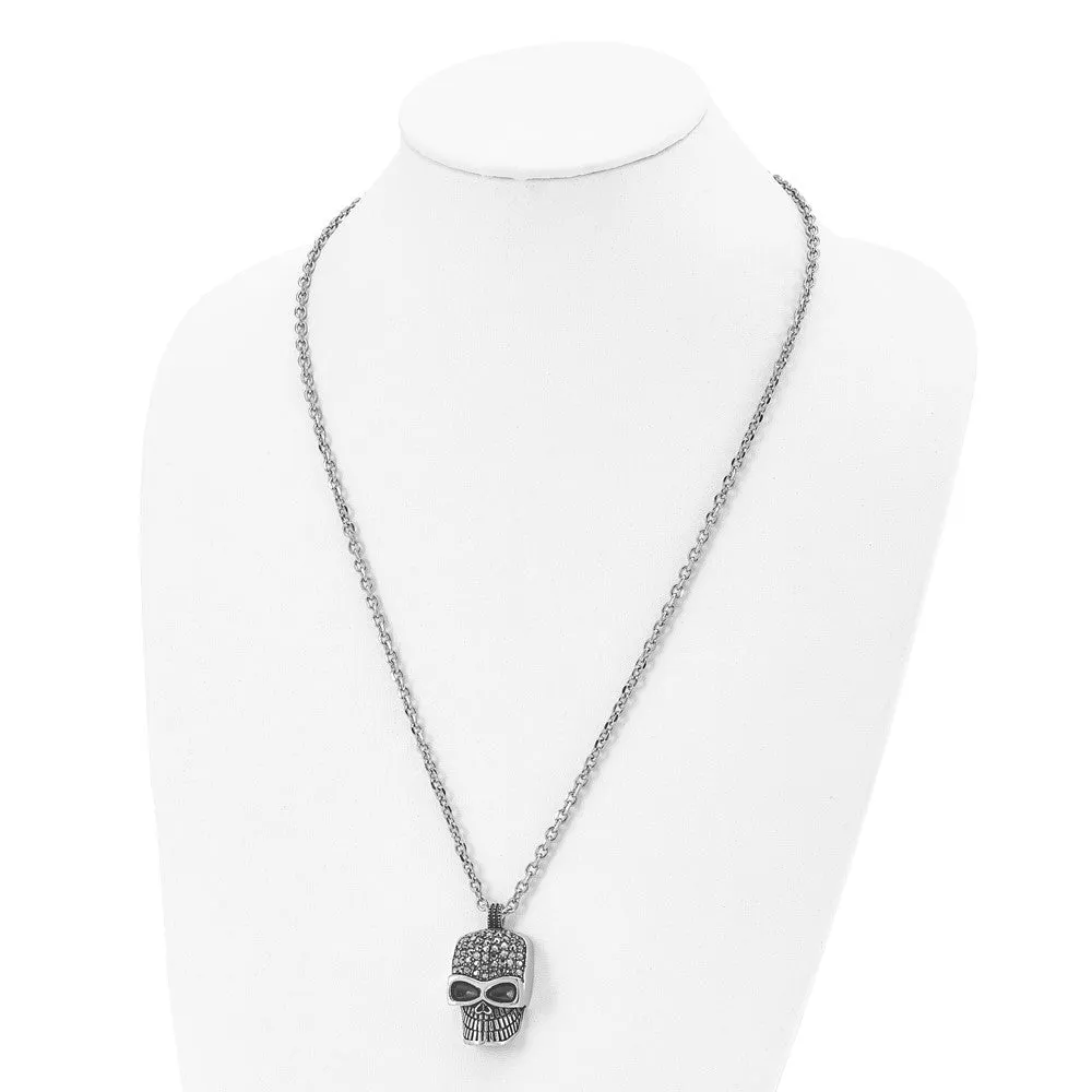 Chisel Stainless Steel Polished and Antiqued with Black Crystal Skull Pendant on a 24 inch Cable Chain Necklace