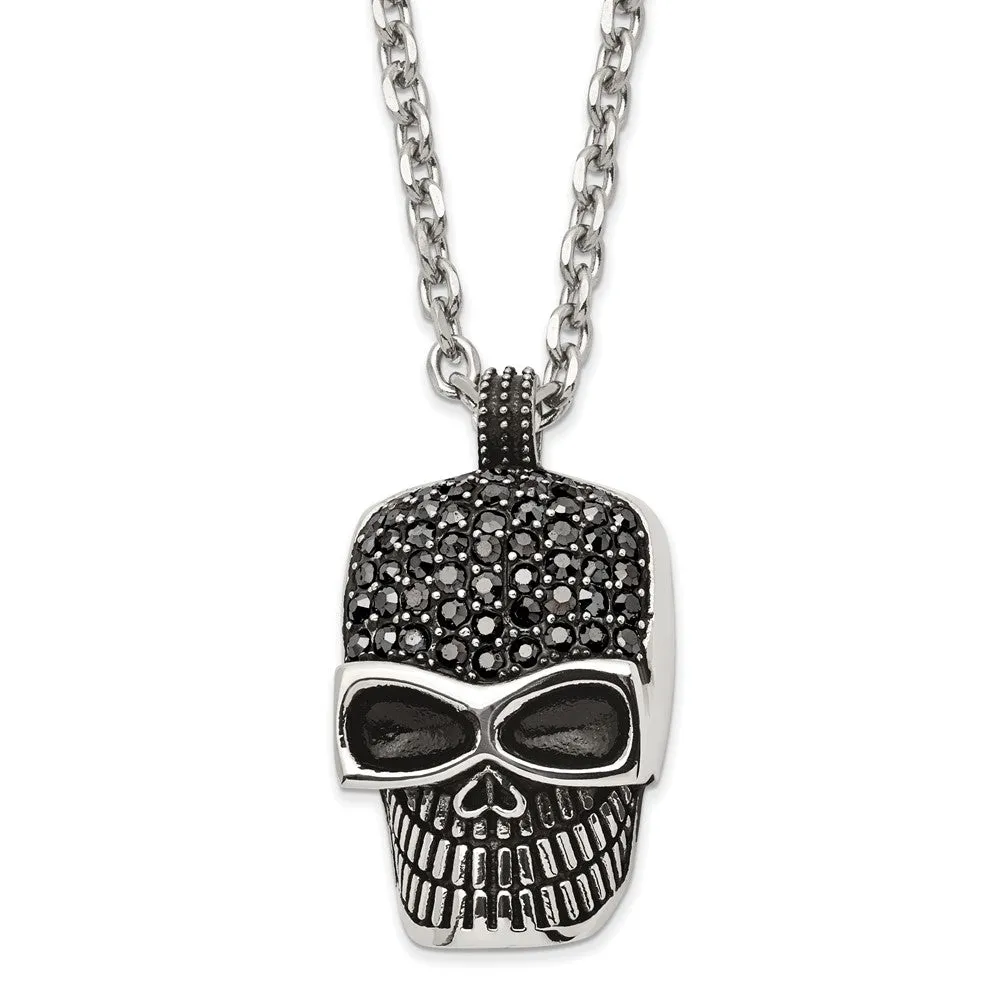 Chisel Stainless Steel Polished and Antiqued with Black Crystal Skull Pendant on a 24 inch Cable Chain Necklace
