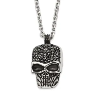 Chisel Stainless Steel Polished and Antiqued with Black Crystal Skull Pendant on a 24 inch Cable Chain Necklace