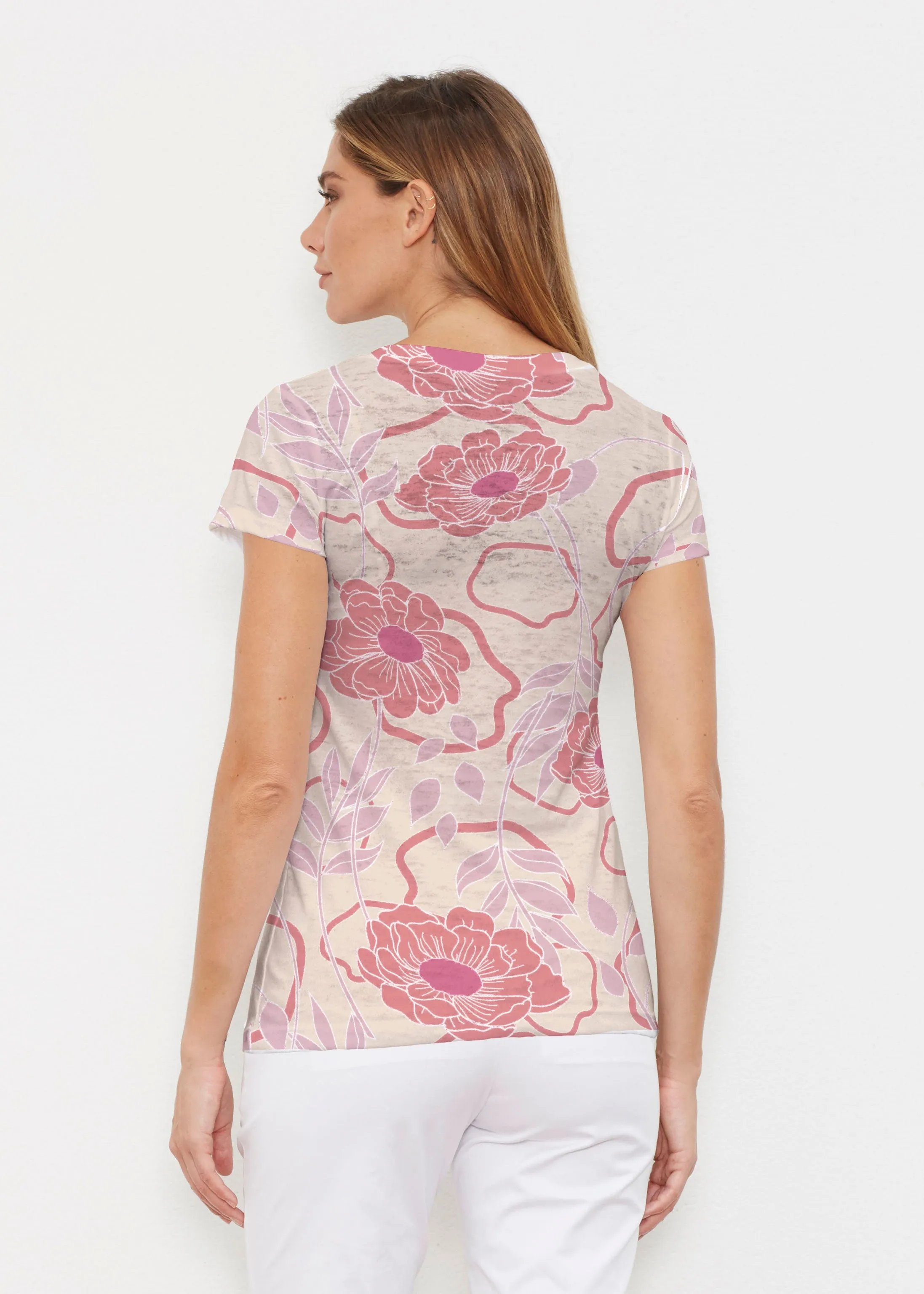 Clarisse Beige/Red (8127) ~ Signature Cap Sleeve V-Neck Shirt
