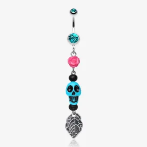 Colorful Rose Skull Leaf Dangle Belly Ring