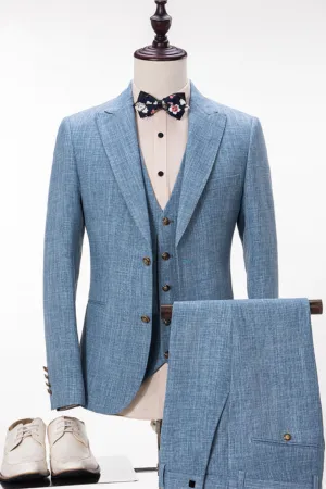 Custom design Blue Linen Suit For Wedding Peak Lapel Summer Groom and Groomsmen Suits