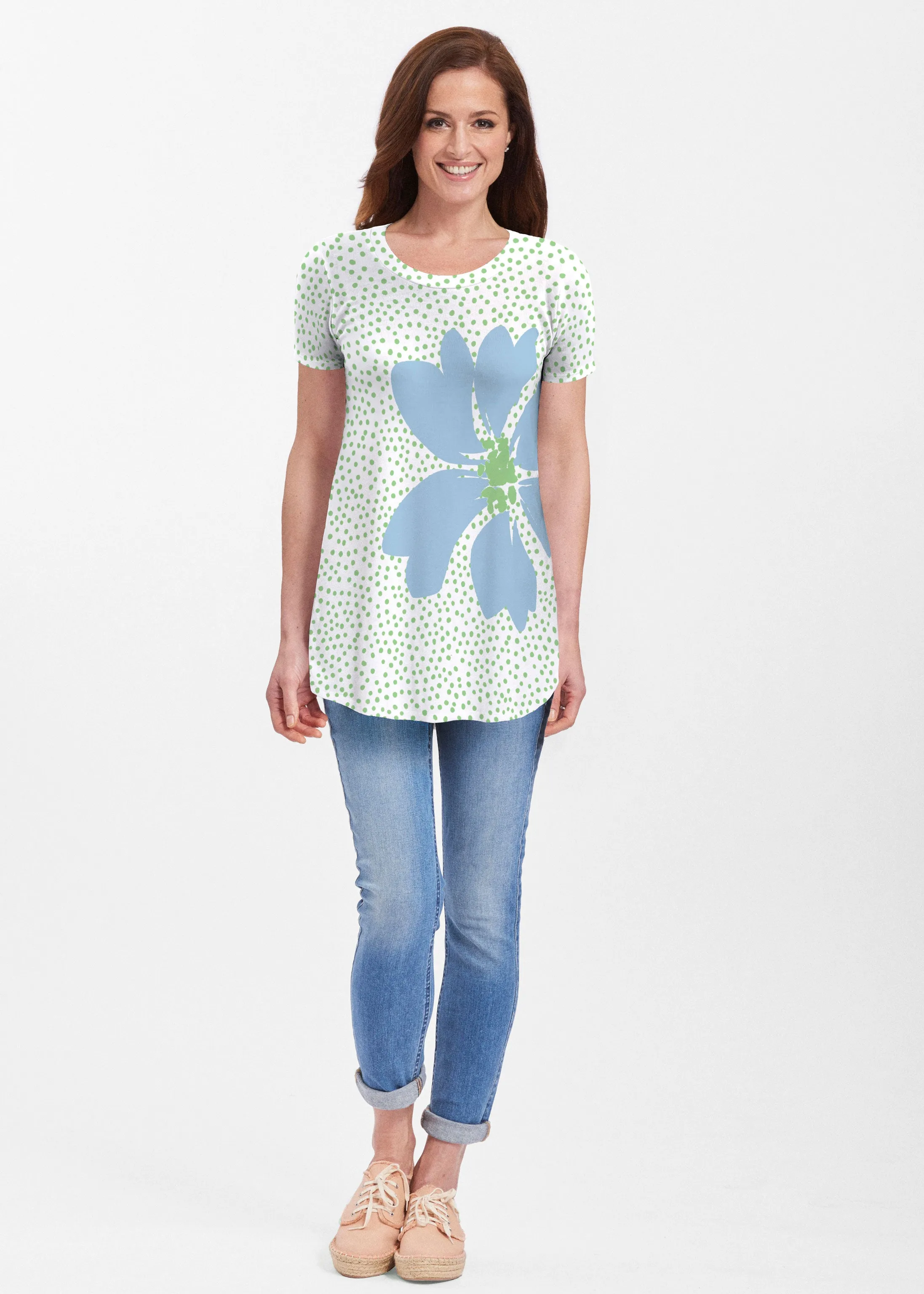 Daisy Dots Blue (8081) ~ Short Sleeve Butterknit tunic