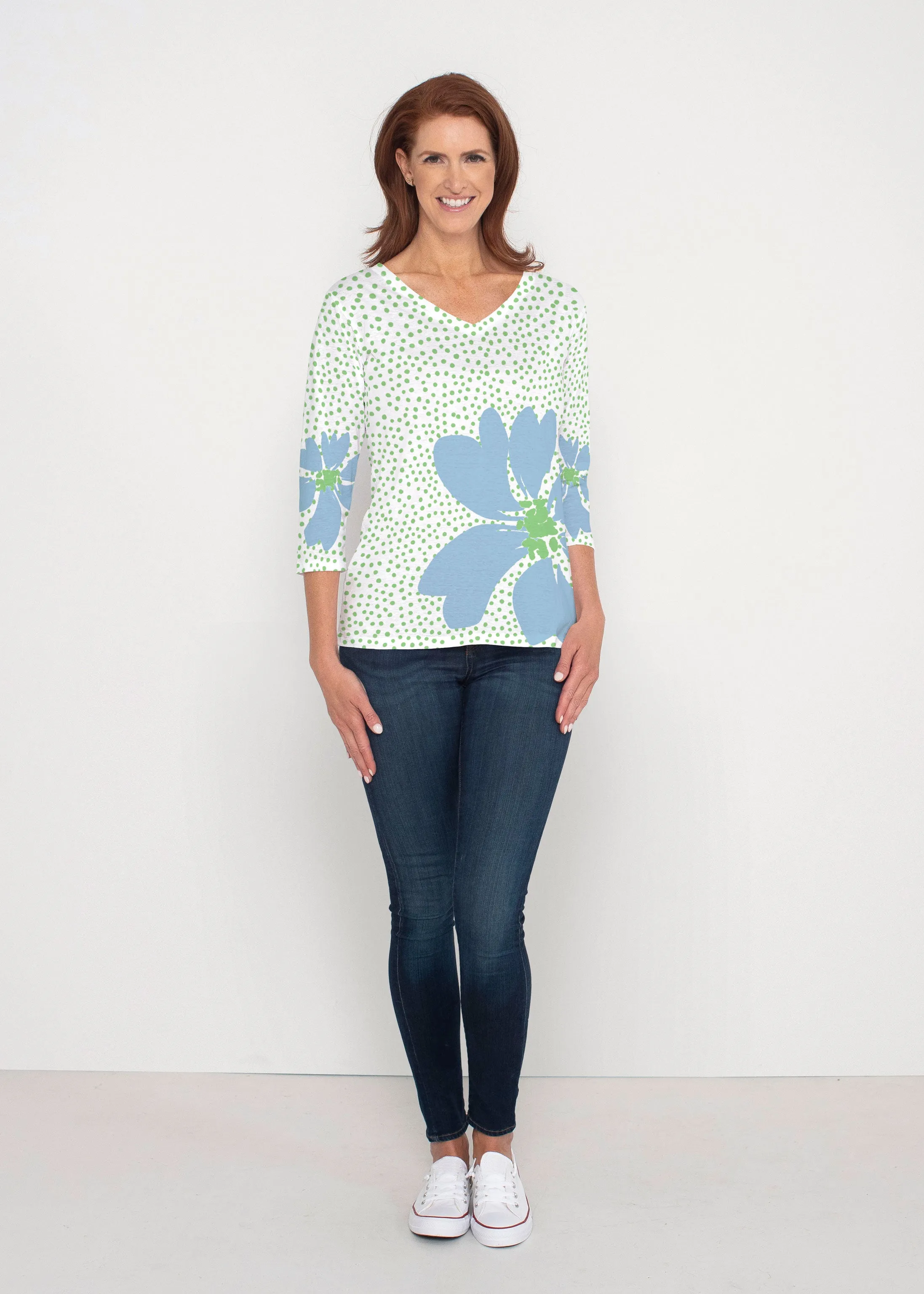 Daisy Dots Blue (8081) ~ Signature 3/4 Sleeve V-Neck Top