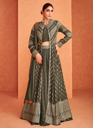 Dark Green and Gold Embroidered Jacket Style Lehenga