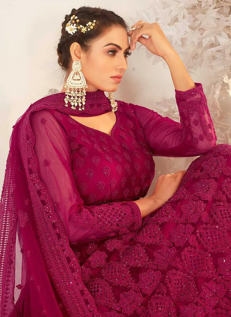 Dark Pink Heavy Net Embroidered Kalidar Lehenga Choli