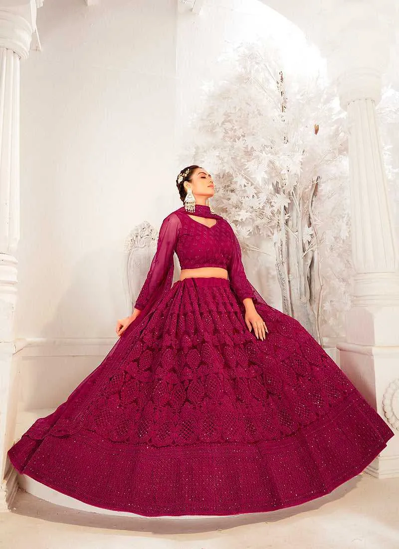Dark Pink Heavy Net Embroidered Kalidar Lehenga Choli
