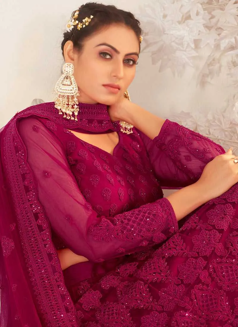 Dark Pink Heavy Net Embroidered Kalidar Lehenga Choli