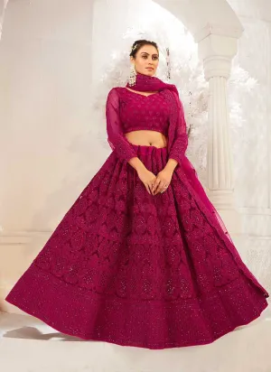 Dark Pink Heavy Net Embroidered Kalidar Lehenga Choli