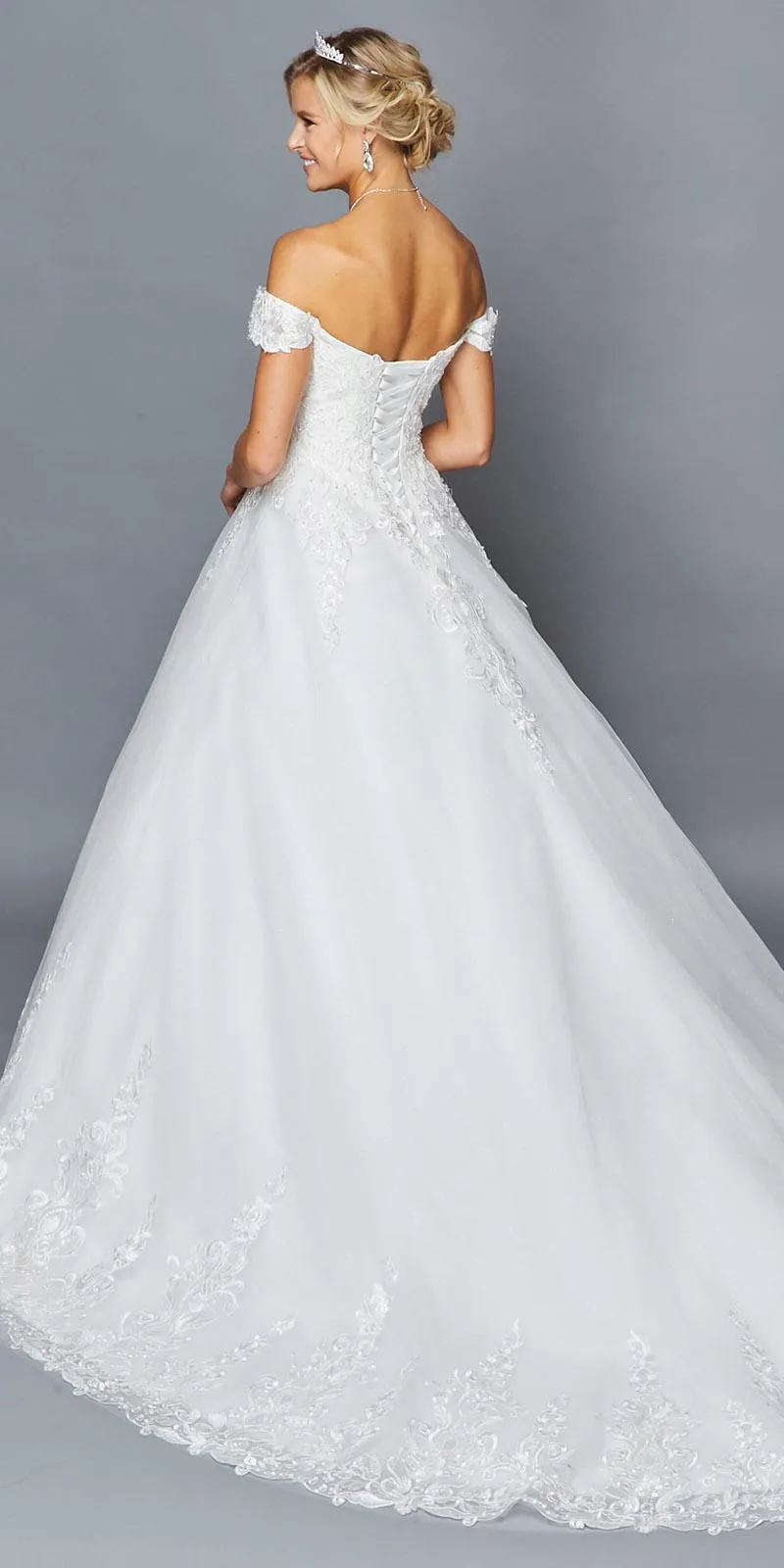 DeKlaire Bridal 424 Off The Shoulder Sweetheart Neckline Lace Tulle A-Line Chapel Train Wedding Dress Beaded Lace Applique.