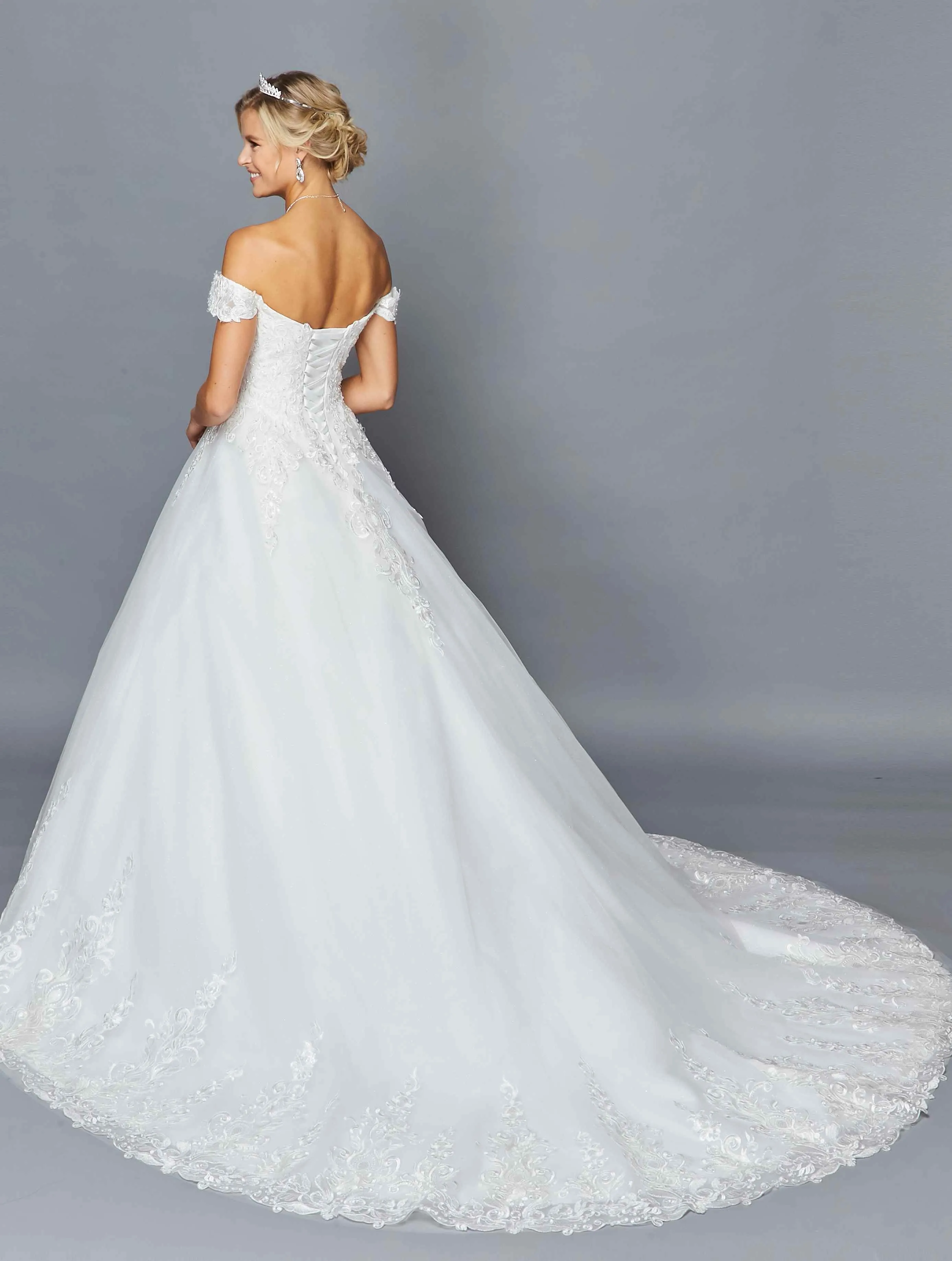 DeKlaire Bridal 424 Off The Shoulder Sweetheart Neckline Lace Tulle A-Line Chapel Train Wedding Dress Beaded Lace Applique.