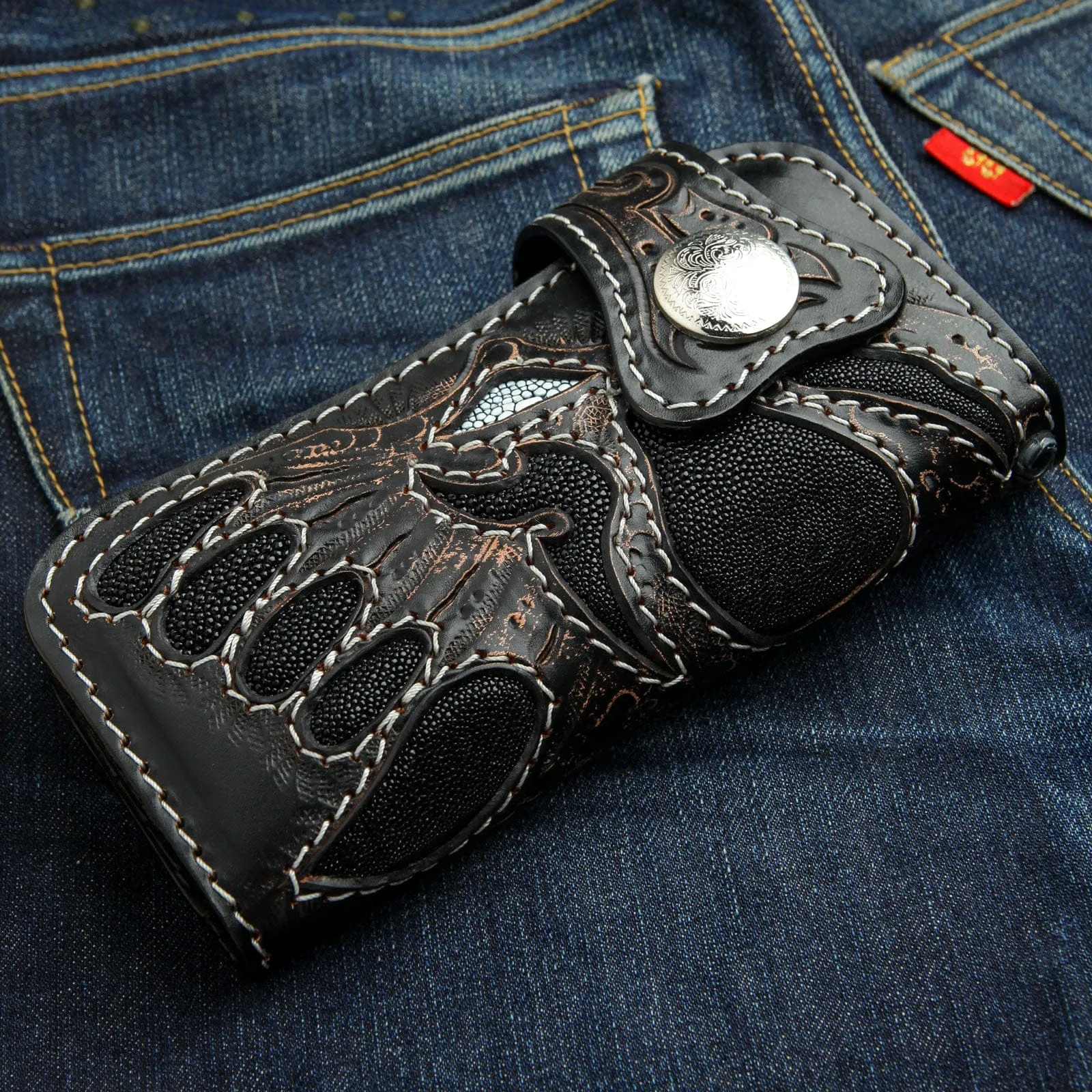 Demon Genuine Leather Carved Biker Wallet