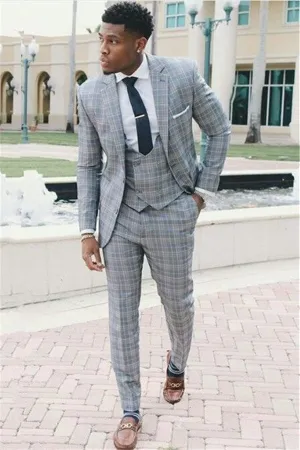 Designer Grid Men Suits Three-Piece Notch Lapel Slim Fit Prom Suit