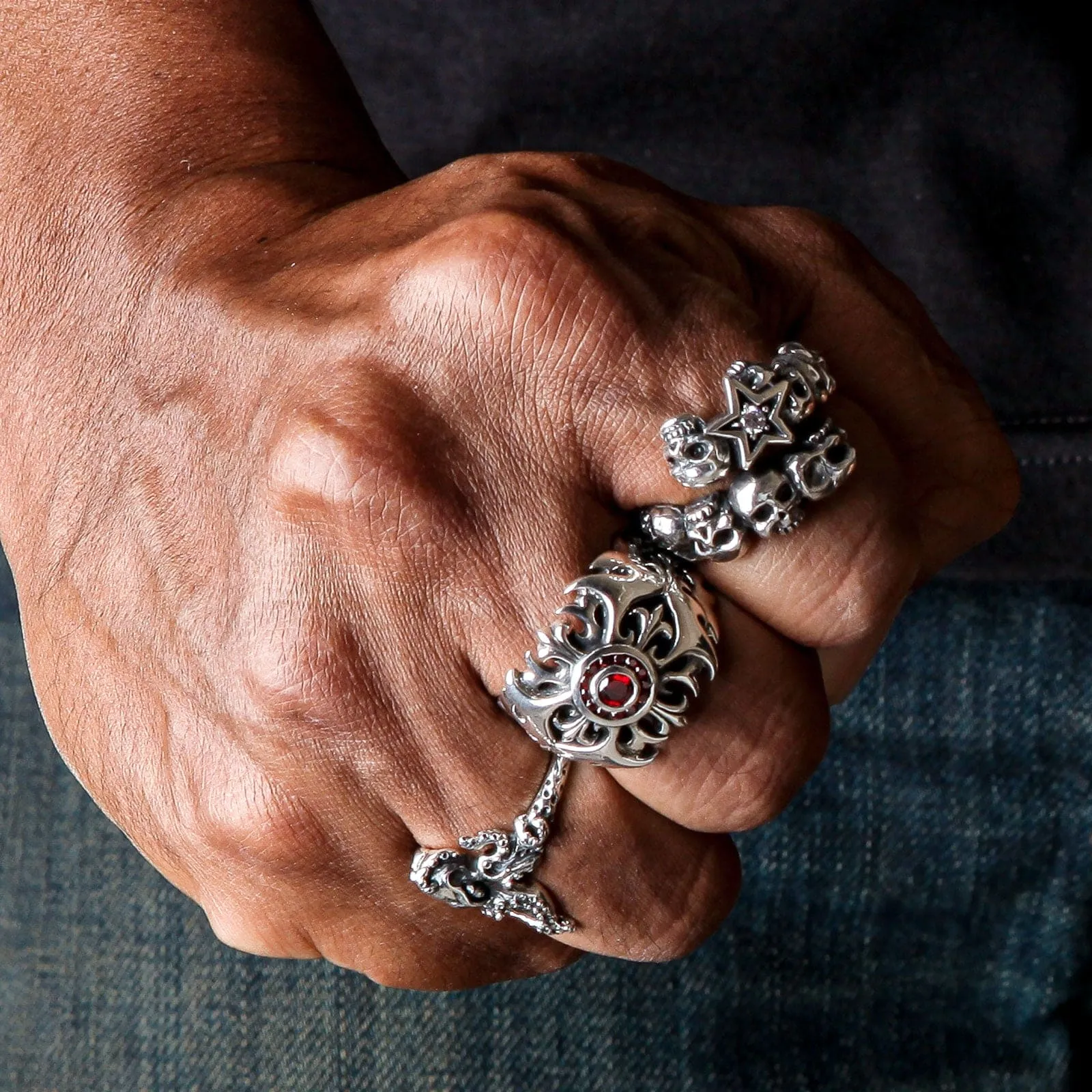 Diamond Star Rock Sterling Silver Skull Ring