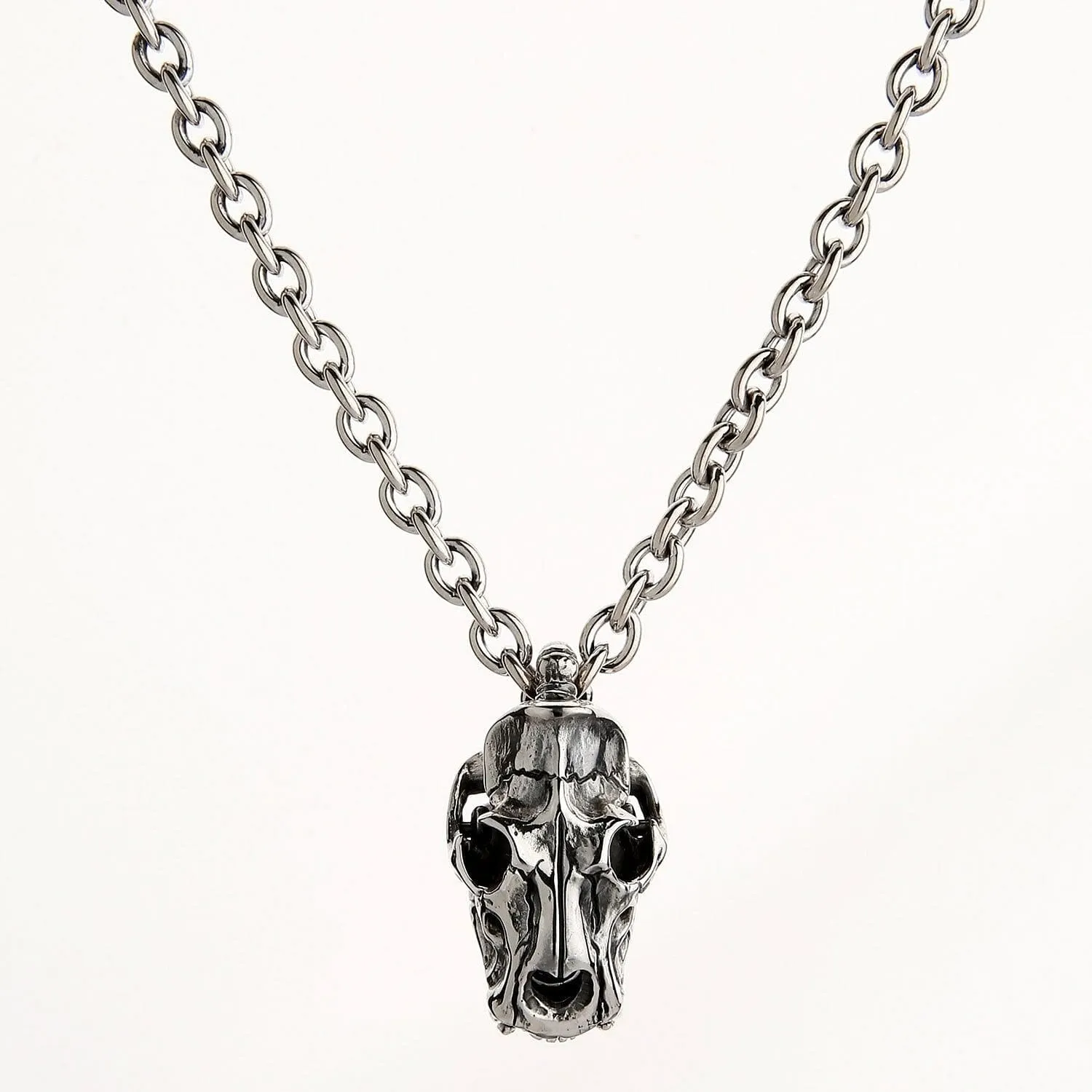 Dinosaur Bone Skull Sterling Silver Biker Pendant Necklace