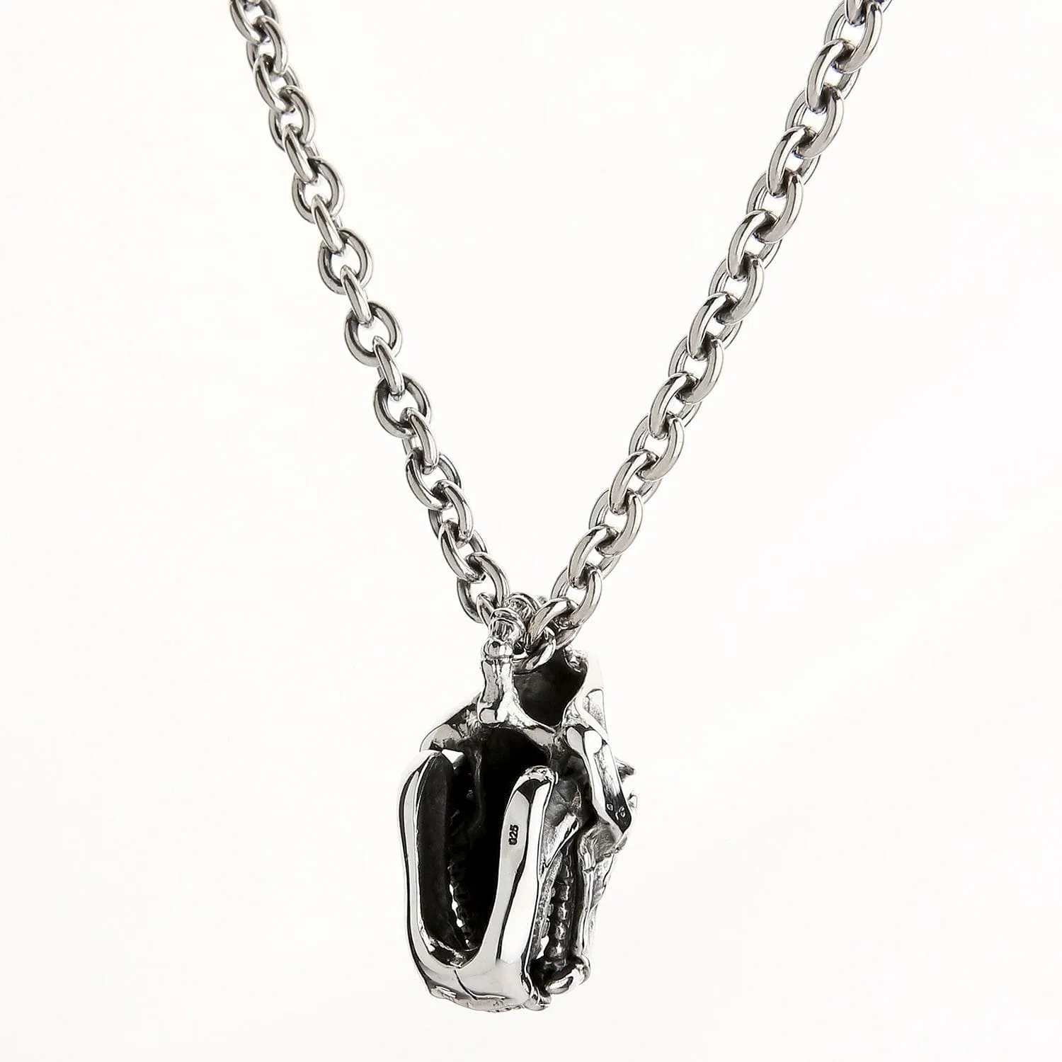 Dinosaur Bone Skull Sterling Silver Biker Pendant Necklace