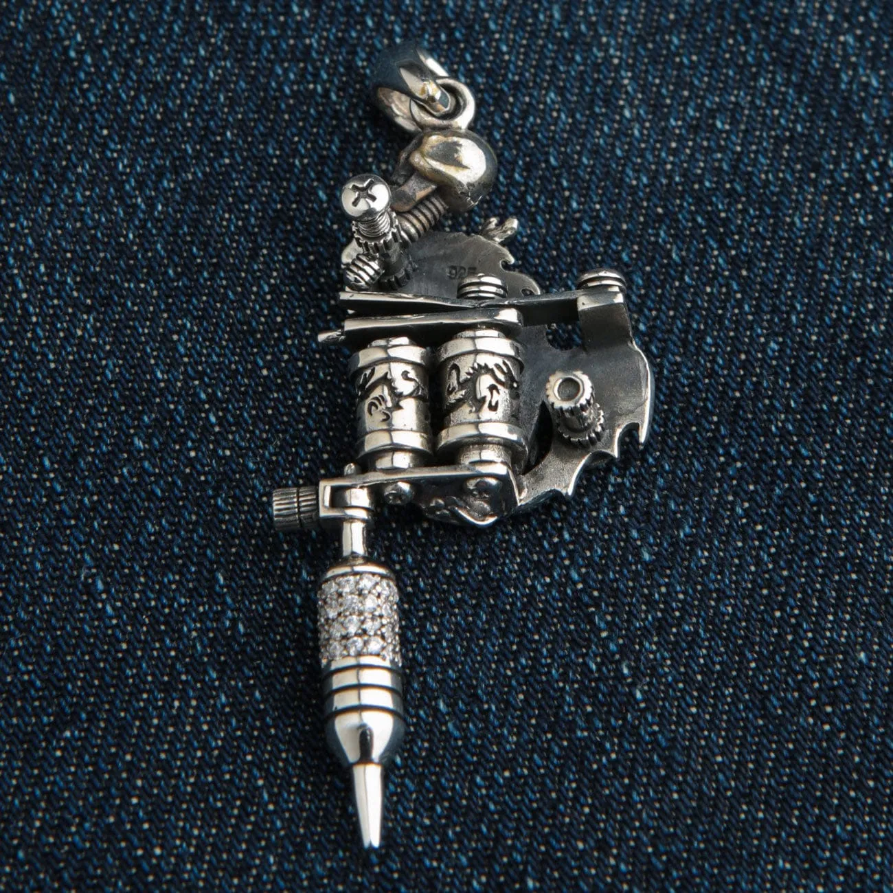 Dragon Tattoo Machine Gun Sterling Silver Biker Pendant