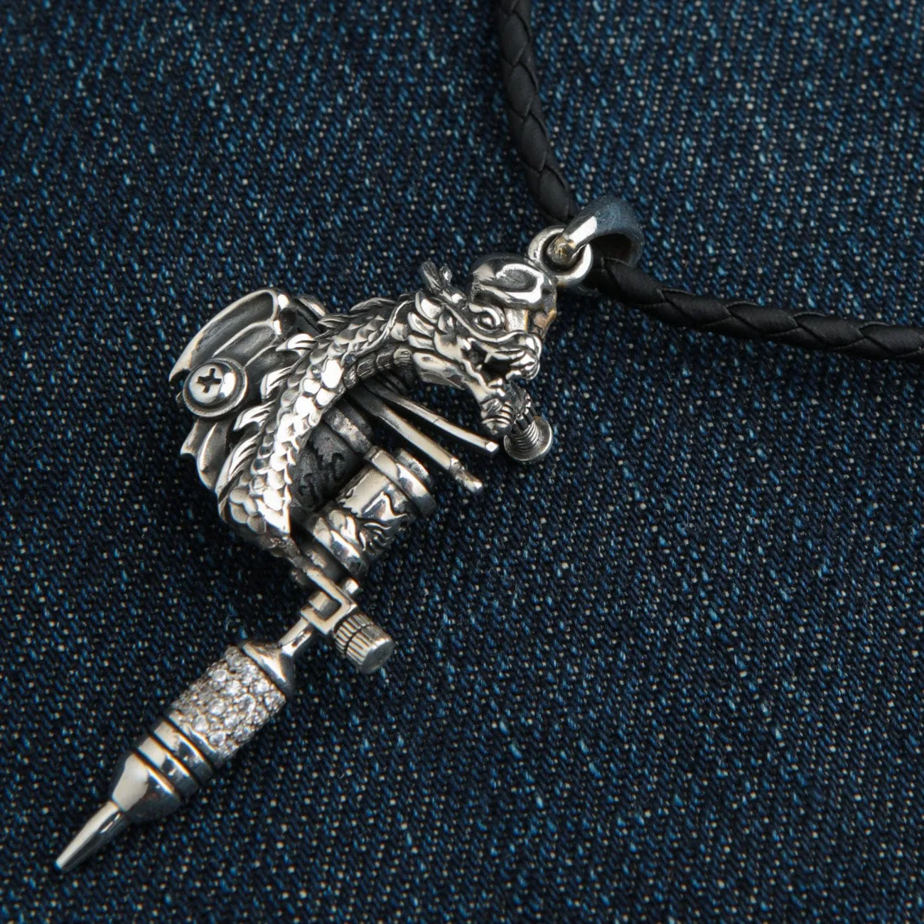 Dragon Tattoo Machine Gun Sterling Silver Biker Pendant