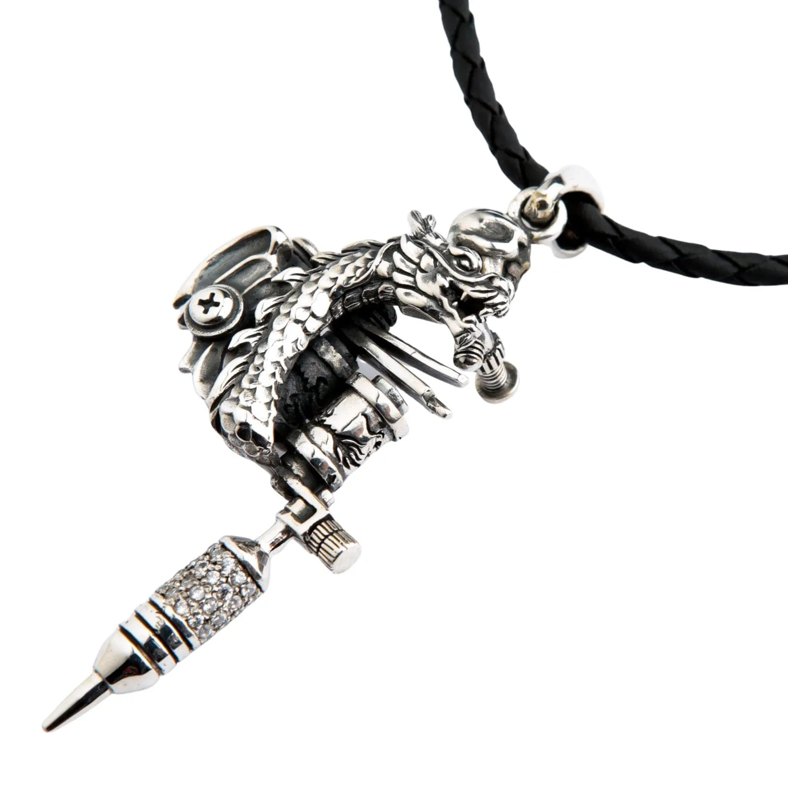 Dragon Tattoo Machine Gun Sterling Silver Biker Pendant