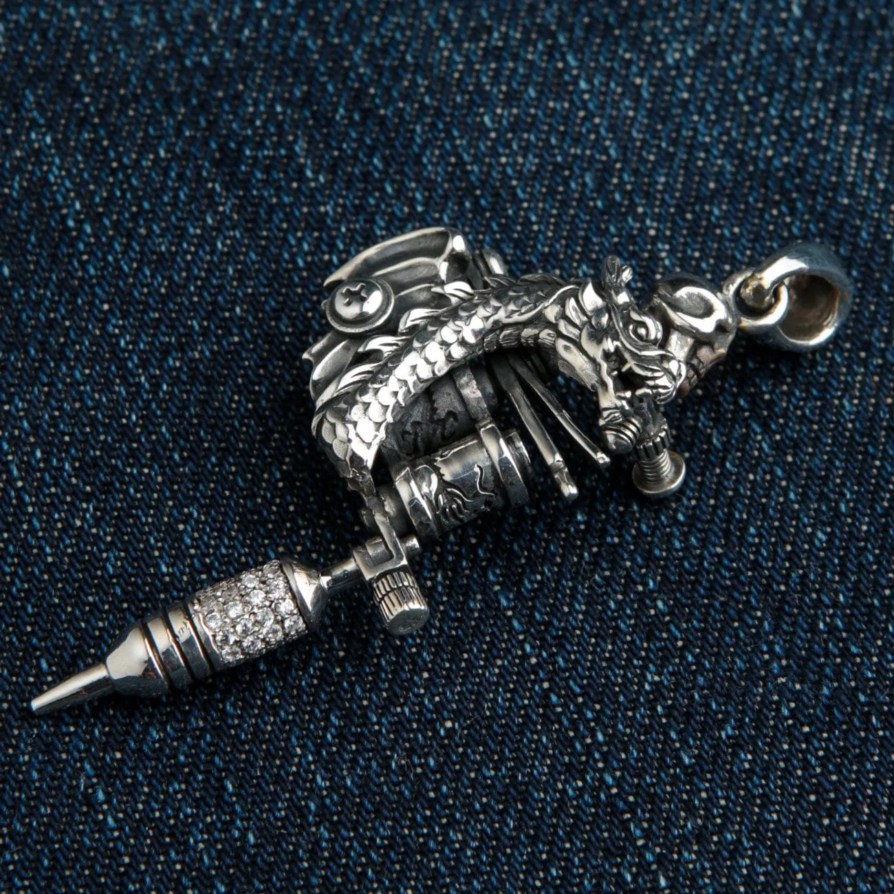 Dragon Tattoo Machine Gun Sterling Silver Biker Pendant