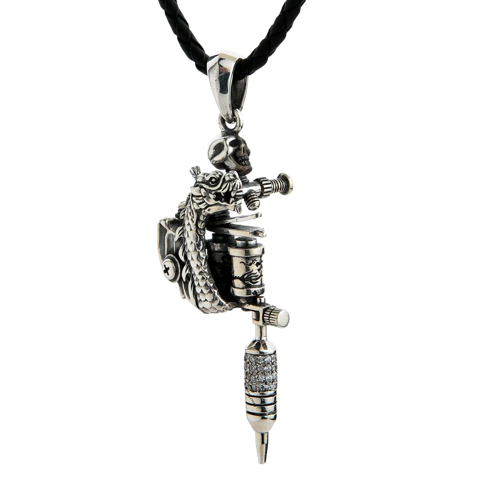 Dragon Tattoo Machine Gun Sterling Silver Biker Pendant