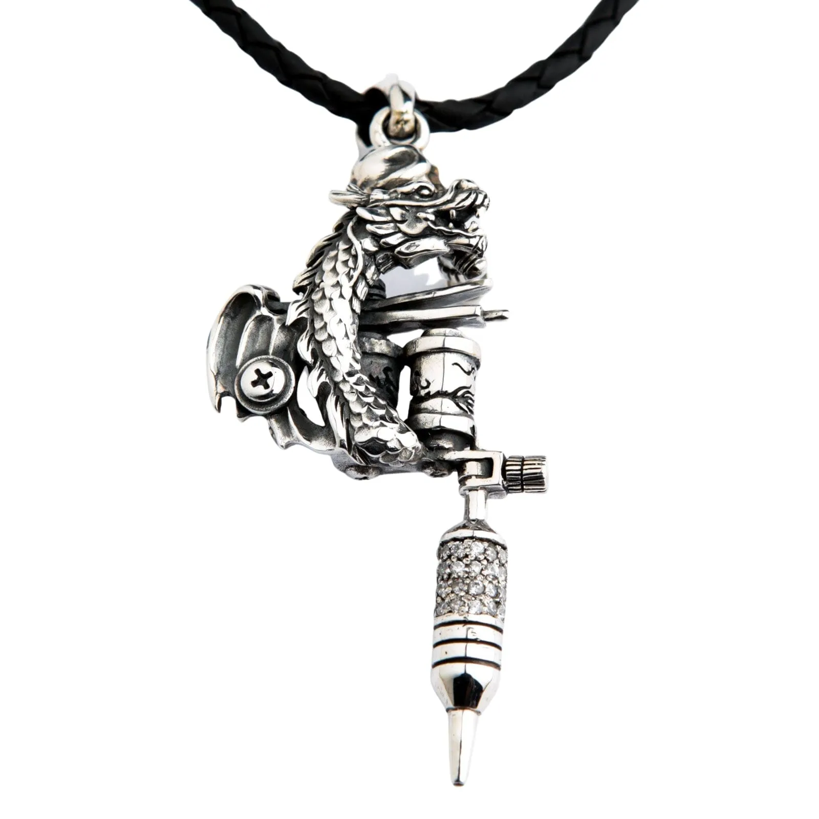 Dragon Tattoo Machine Gun Sterling Silver Biker Pendant