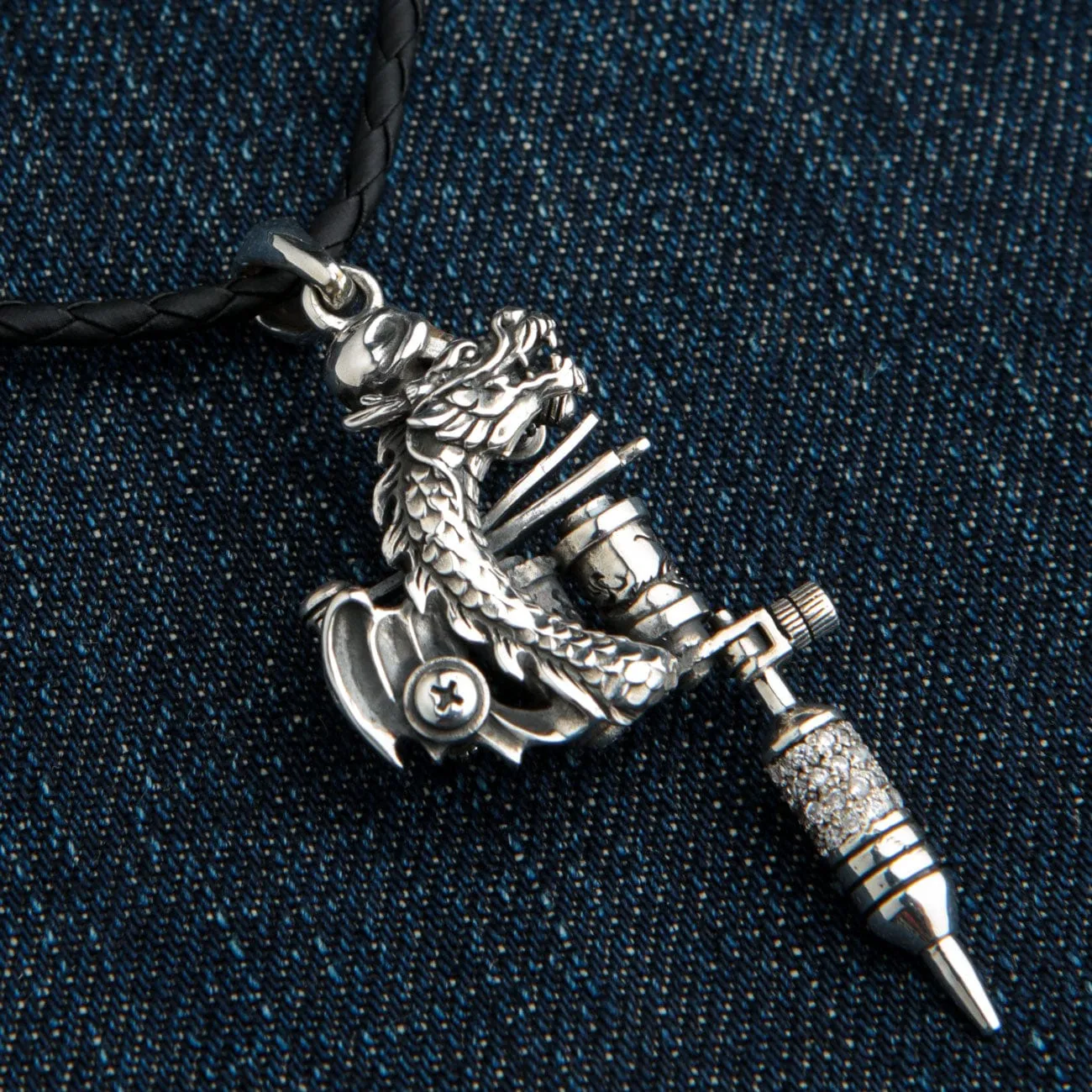 Dragon Tattoo Machine Gun Sterling Silver Biker Pendant