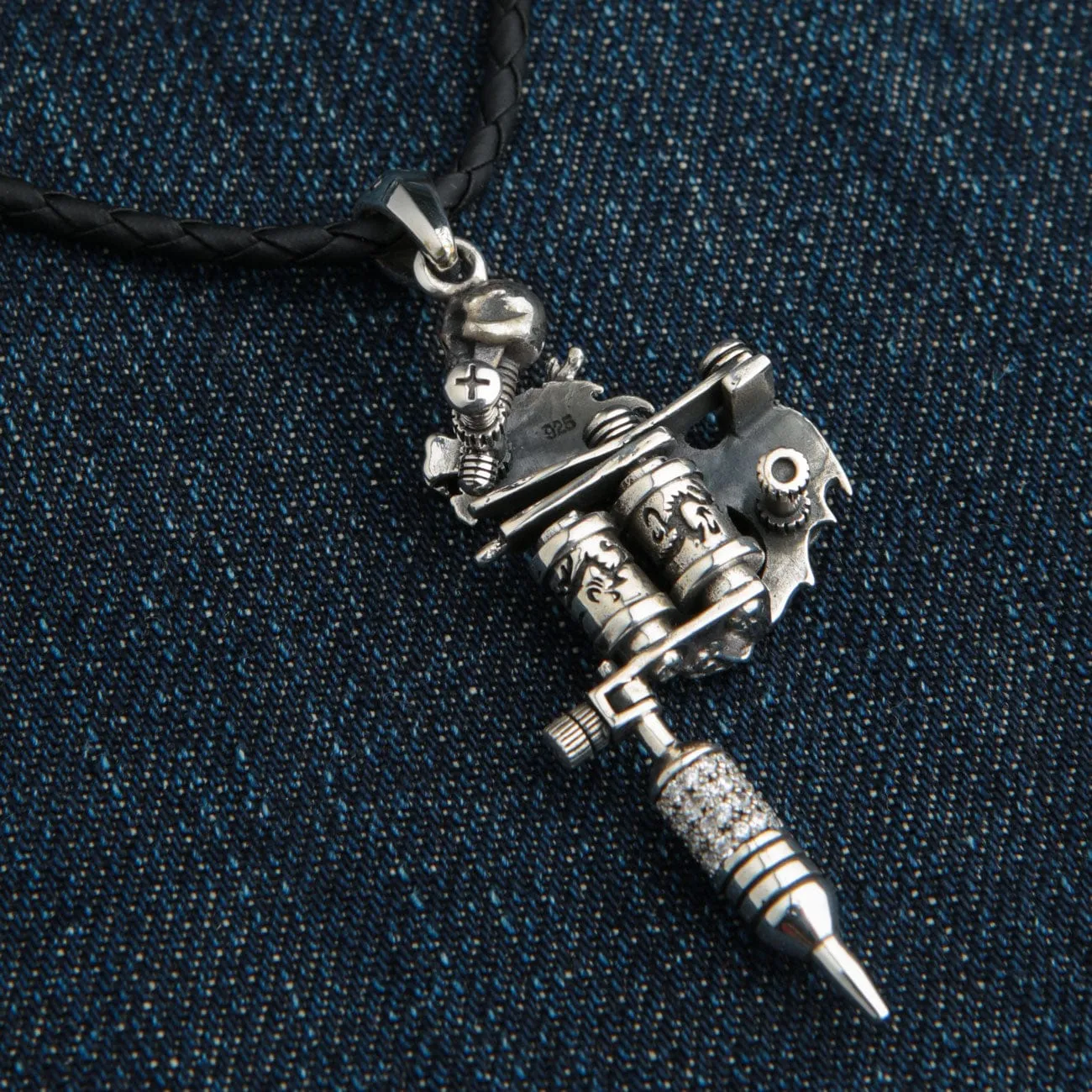 Dragon Tattoo Machine Gun Sterling Silver Biker Pendant