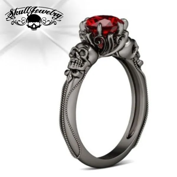 'Due Teschi Neri' 2 Skulls Black & Crystal Ring (w024)