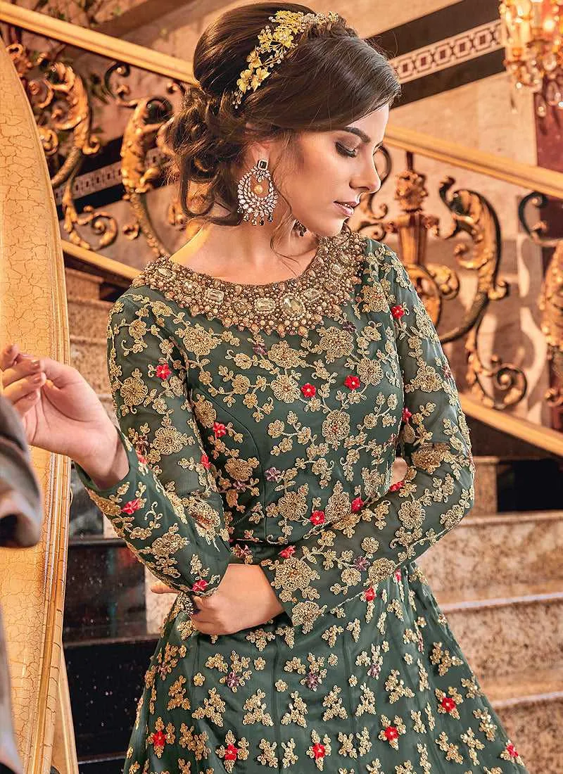 Dusty Green and Gold Heavy Embroidered Anarkali