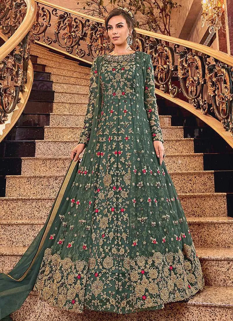 Dusty Green and Gold Heavy Embroidered Anarkali