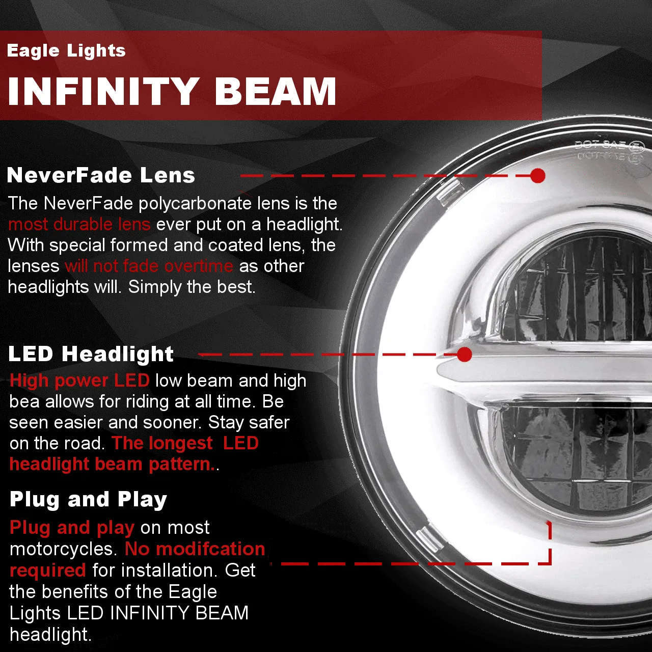 Eagle Lights Infinity Beam Series 7" Round LED Headlight for Harley Davidson and Indian Motorcycles