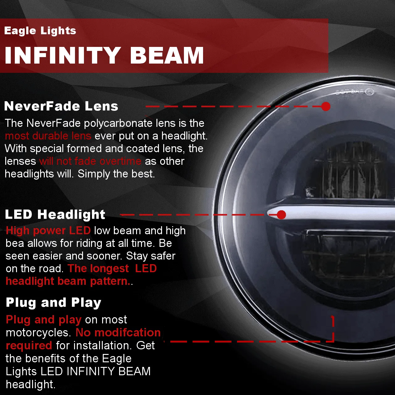 Eagle Lights Infinity Beam Series 7" Round LED Headlight for Harley Davidson and Indian Motorcycles