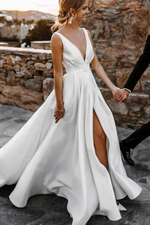 Elegant Satin A-line V-neck Sweep Train Wedding Dresses, Bridal Gown, MW621