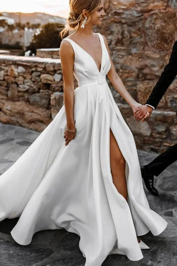 Elegant Satin A-line V-neck Sweep Train Wedding Dresses, Bridal Gown, MW621