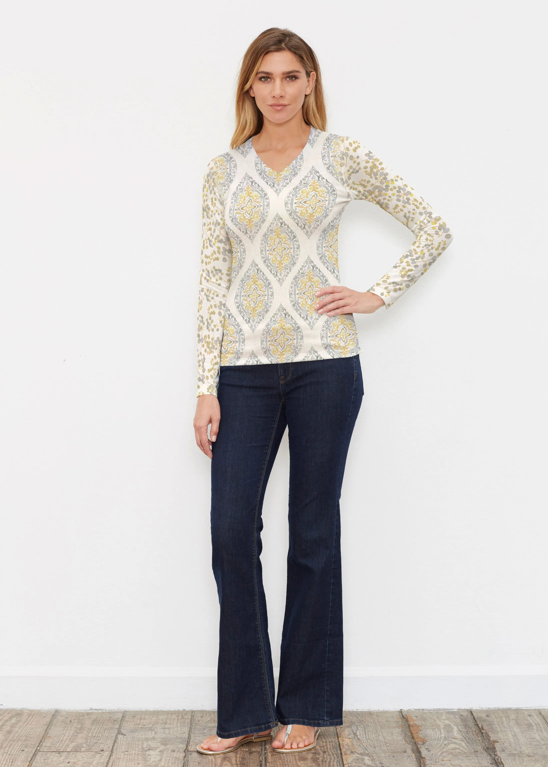 Etched Motif (8014) ~ Butterknit Long Sleeve V-Neck Top